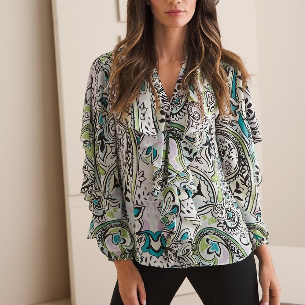 Chico's Black Label NWT Paisley Ruffled Long Sleeve Blouse Size Small